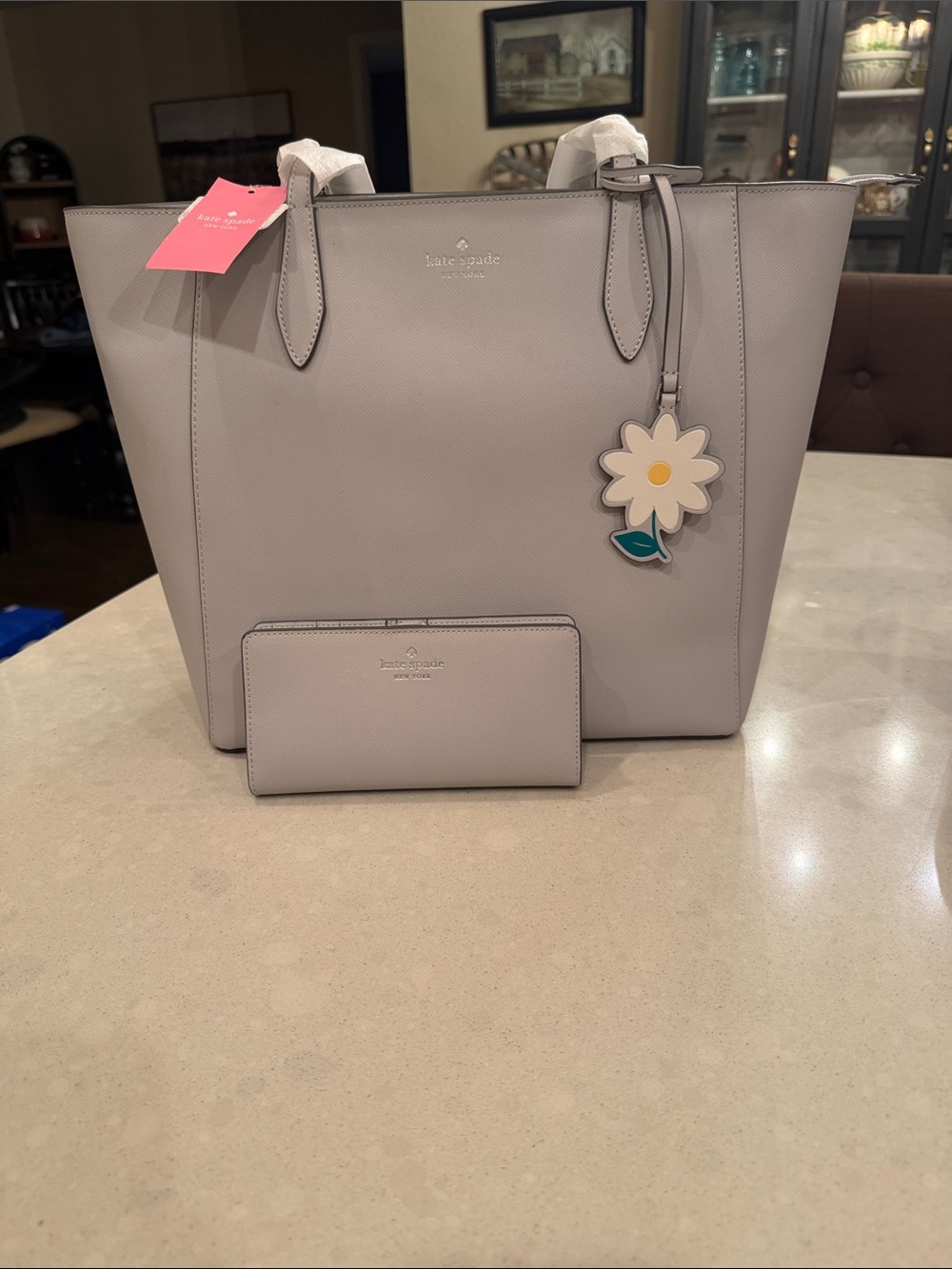 kate spade Light Gray Leather Tote with Daisy Charm and Matching Wallet Set